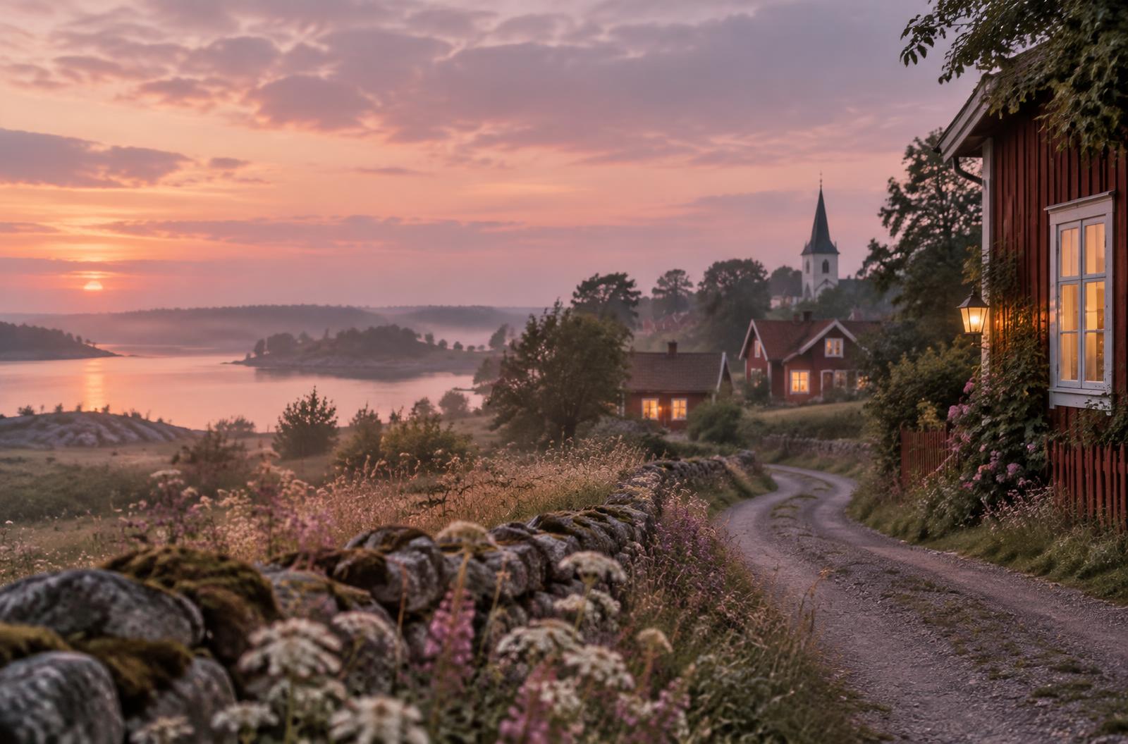 Svensk småstad vid vattnet i varmt kvällsljus